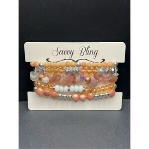 New! Savvy Bling Pink Tan Silver Mixed Stretchy Fashion Bracelets 5 Piece Set